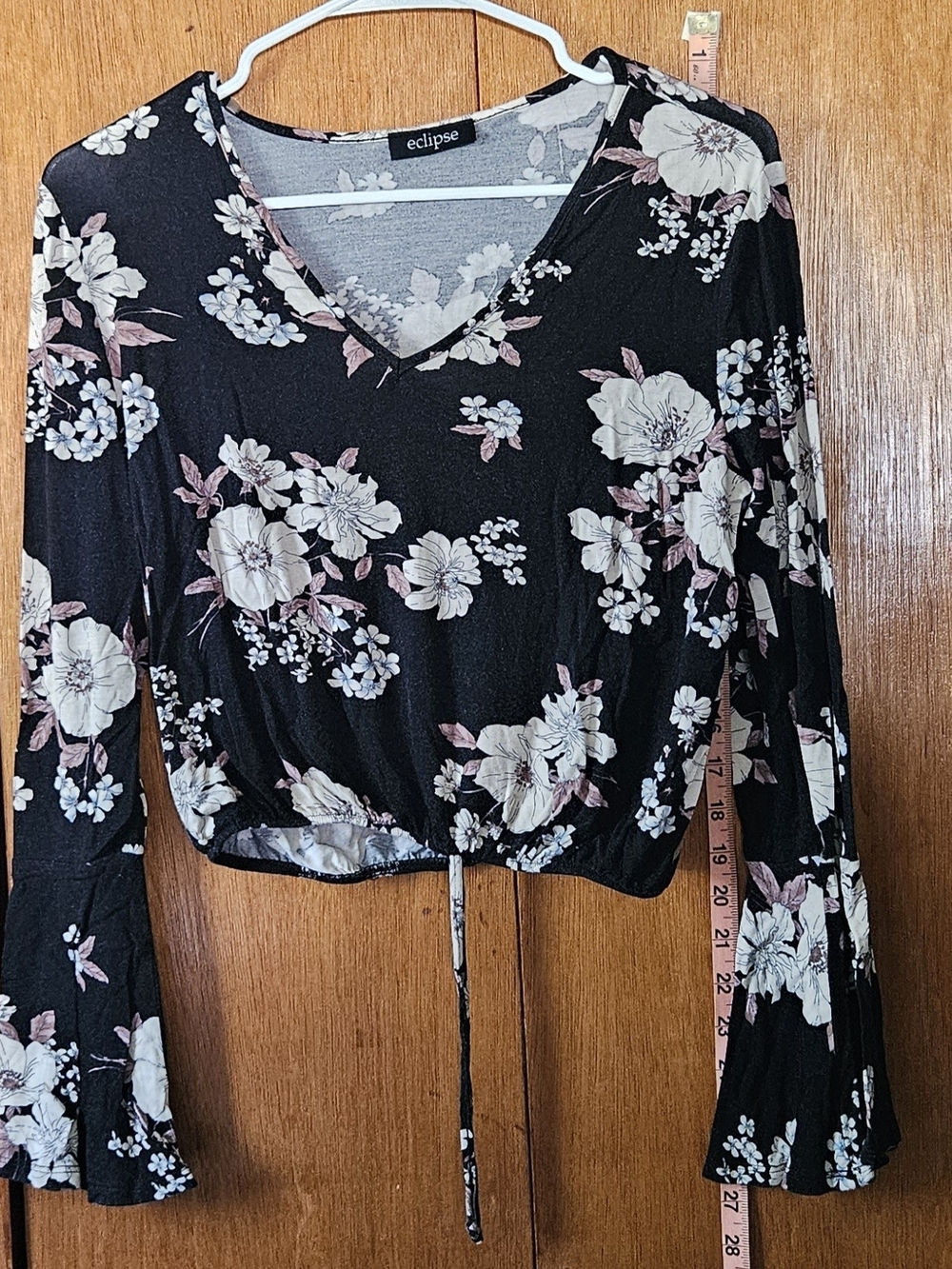Eclipse Black Floral V-Neck Drawstring Crop Top